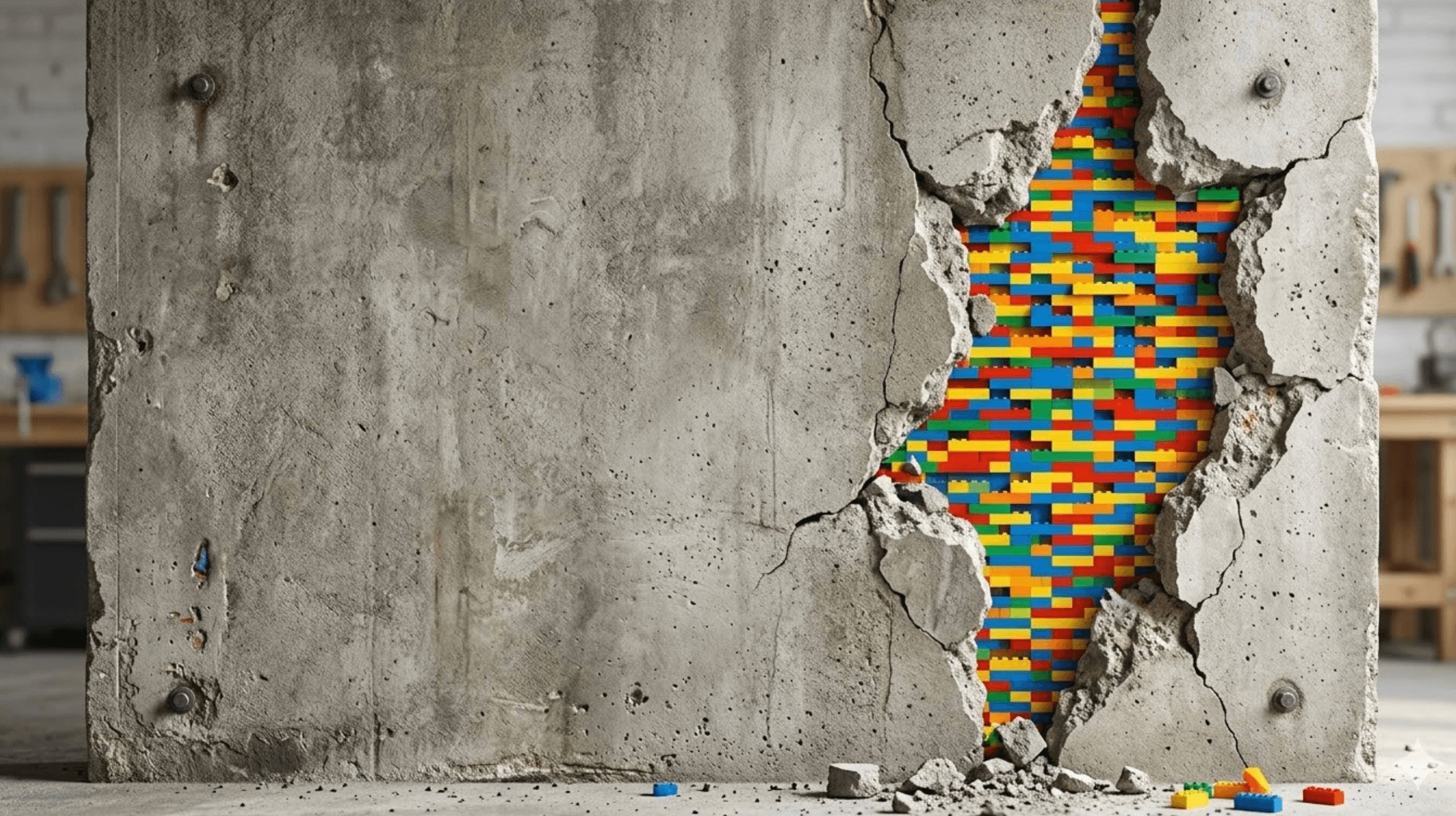 Muro de hormigón abierto que deja ver un muro de bloques de colores